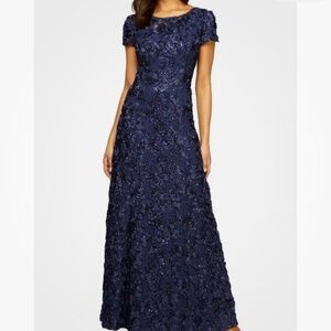 Alex Evenings Navy Blue Sequin Rosette Lace A-Line Gown Dress Size 12